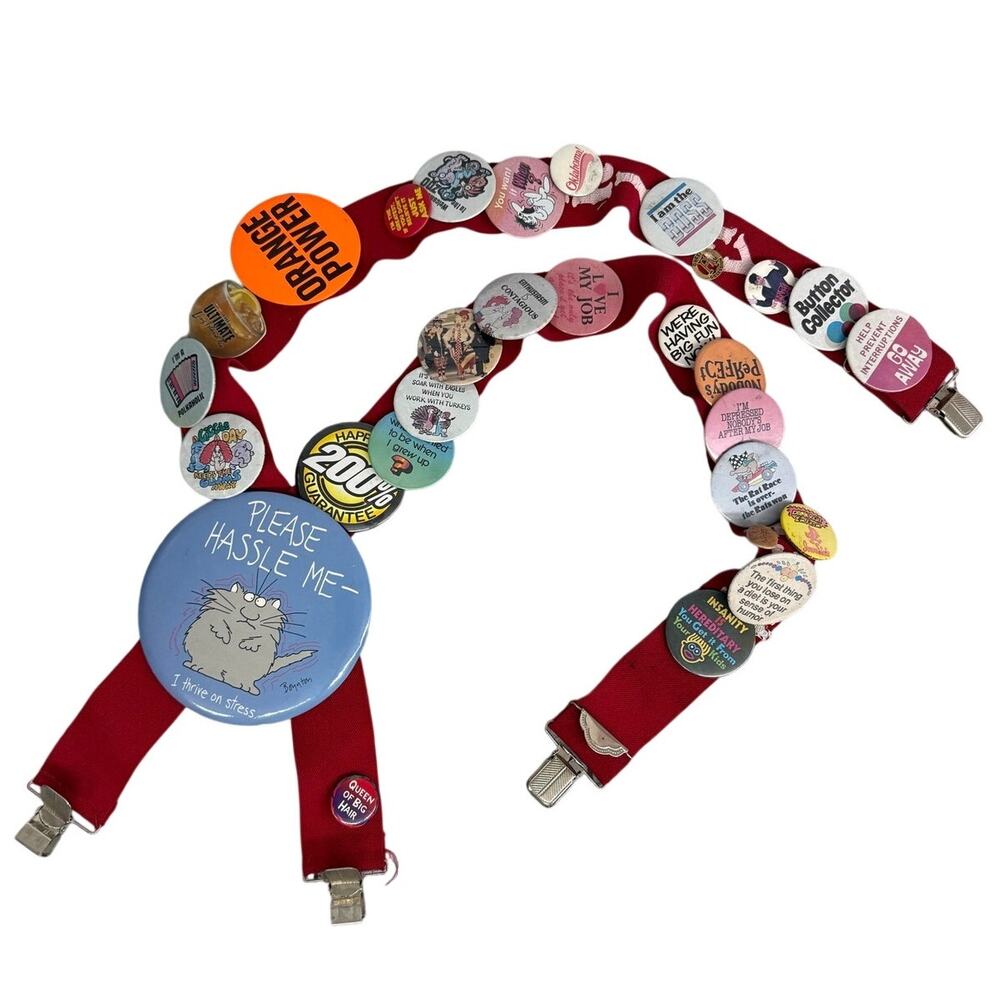 TGI Fridays Employee Suspenders Buttons Pins FLAIR Office Space Retro Y2K